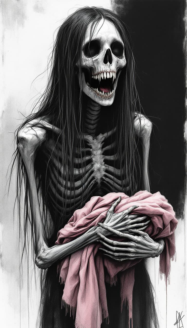 AI generated: black ink drawing of a Terrifying skeletal female figure with long stringy hair , sunken, twisted gr...