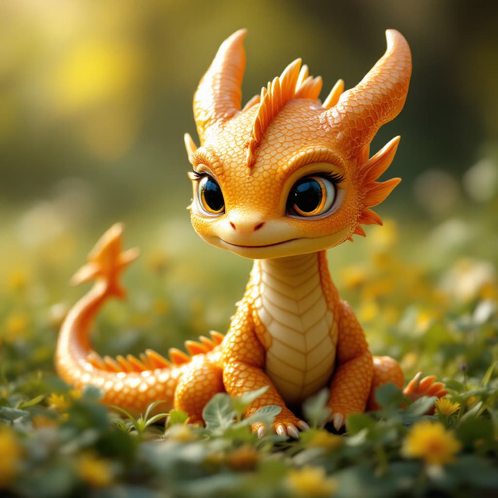 AI generated: raw realistic cinematic scene of  a most cute baby dragon golden scales sitting on meadows  cinemati...