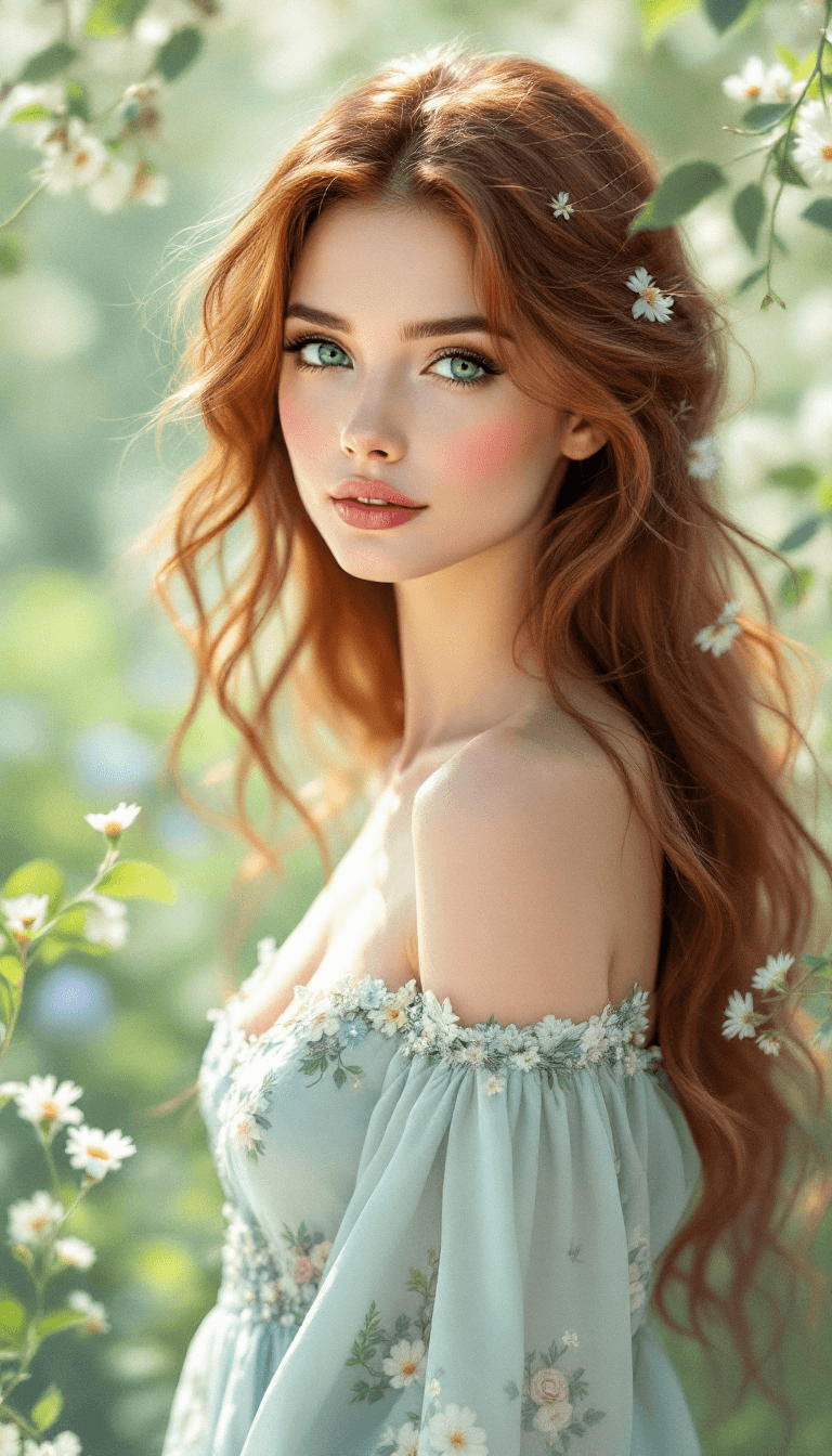 AI generated: A gentle woman with long, flowing, dark auburn hair, often styled in soft waves. Her eyes are bright...