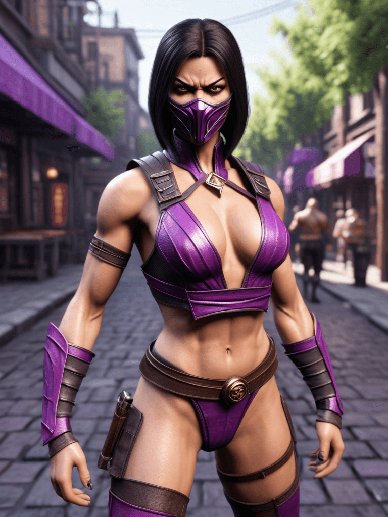 AI generated: Mortal Kombat Mileena, cyberpunk, outdoor, street, purple, hyperrealism, photorealistic, 8k, unreal ...