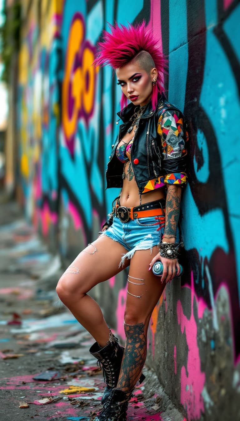 AI generated: Full-length view of a bold portrait of a rebellious woman, with a defiant look, fiery and energetic ...