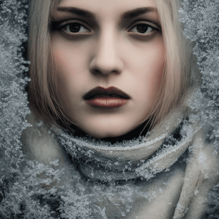 AI generated: cinematic portrait, dark theme, frost, future, snow, ice, sharp photo focus, street, symmetrical fac...