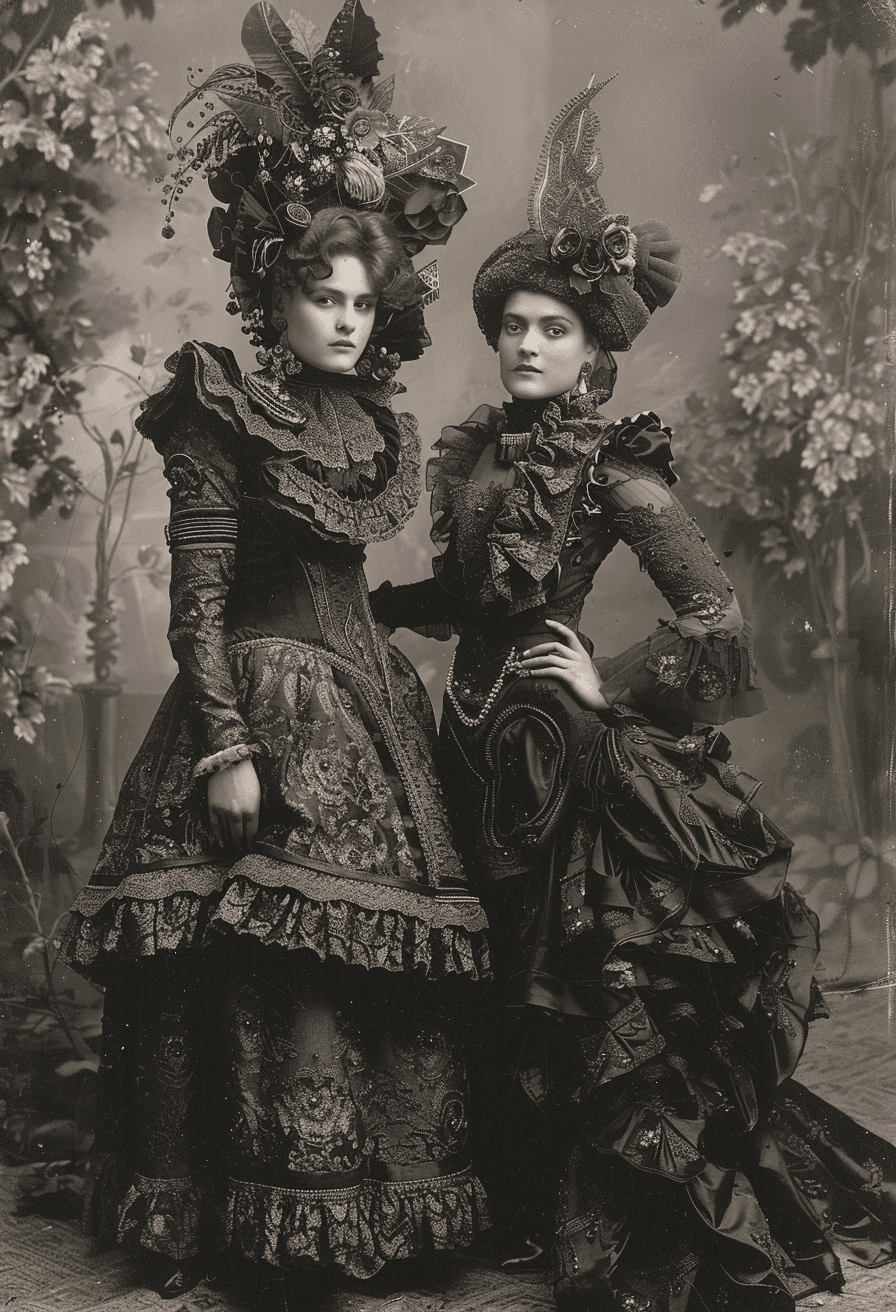 AI generated: old photo of two women posing together, in the style of joana vasconcelos, margaret keane, joão artu...