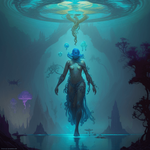 AI generated:  the alchemists of the lost Atlantis under the water, future jewelry, little clothing, alien glyph t...