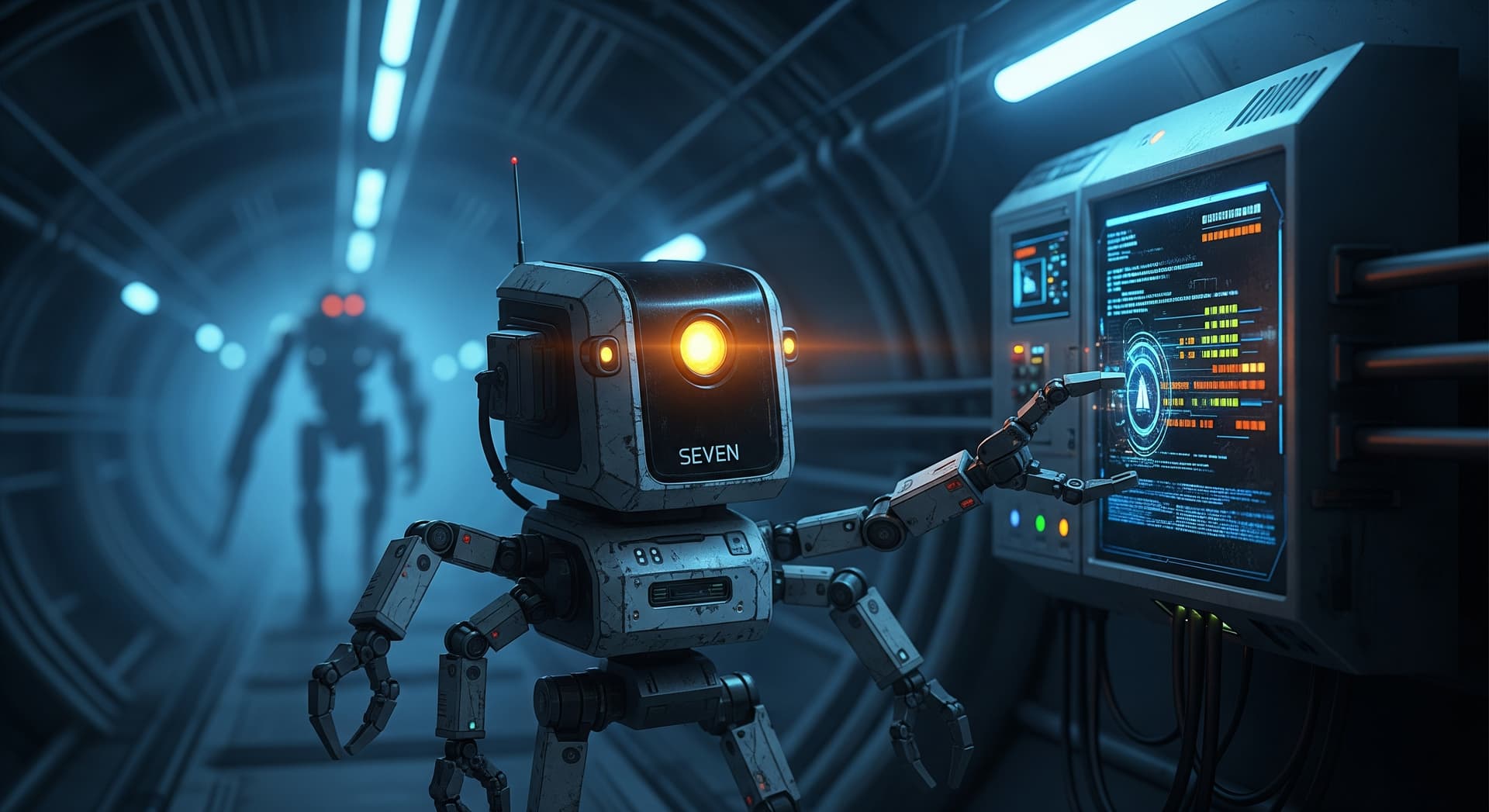 AI generated: A cinematic sci-fi concept art piece in 16:9 aspect ratio, showcasing the small, unassuming utility ...