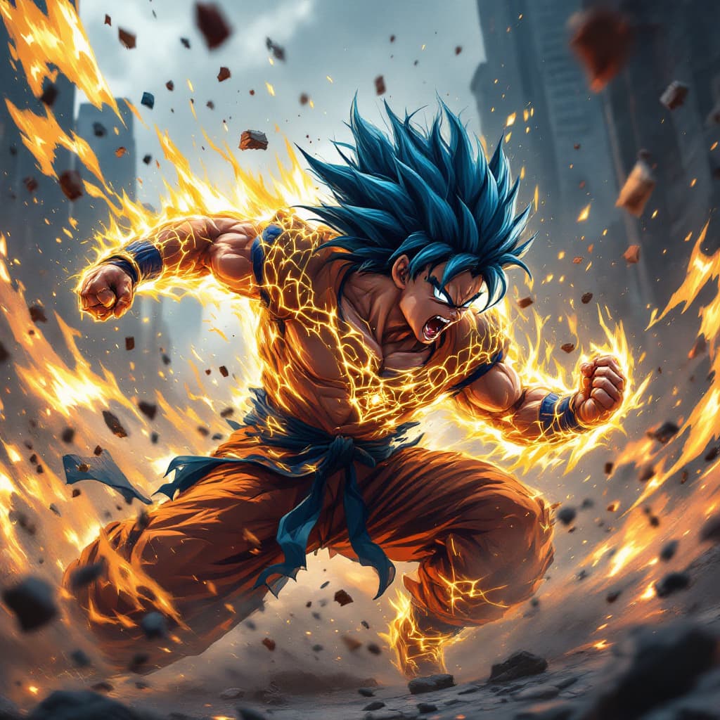 AI generated: "painterly style, Goku fighting at war, raging, blue hair, character design, body is adorned with gl...