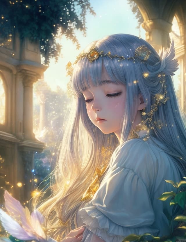 AI generated: a beautyful Angel weeping  , full body, very detailed face, detailed park environment, gold holograp...