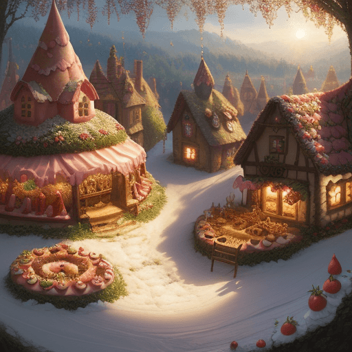 AI generated: fairy in fairytale village made from strawberries with cream and donuts and birthday cakes, fairytal...