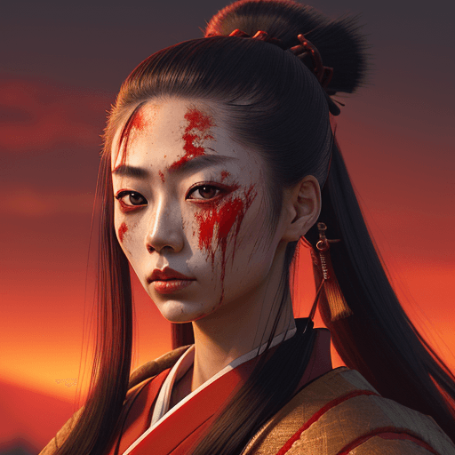 AI generated: A portrait of a female Samurai, long straight hair in a topknot, wearing traditional samurai clothin...