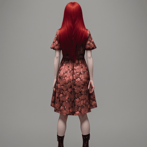 AI generated: Woman with long, straight, red hair and a she is wearing a short floral dress and wearing metal poli...