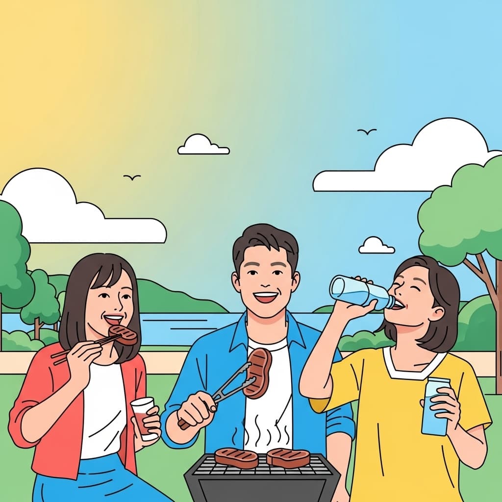 AI generated: Flat illustration of 2 Asian women and 1 Asian man , one women and one man happily eating grilled me...