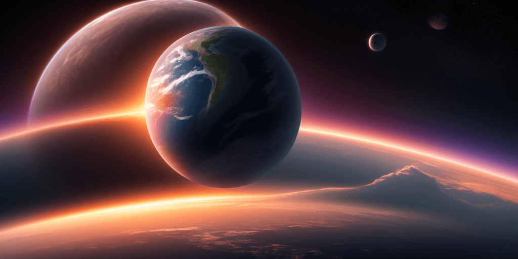 AI generated: Whole planet coming up over the horizon like a sunrise, free flowing energy, high definition 4k HDR ...