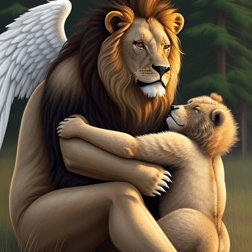 AI generated: A beautiful lion with angel wings hugging a grizzly bear