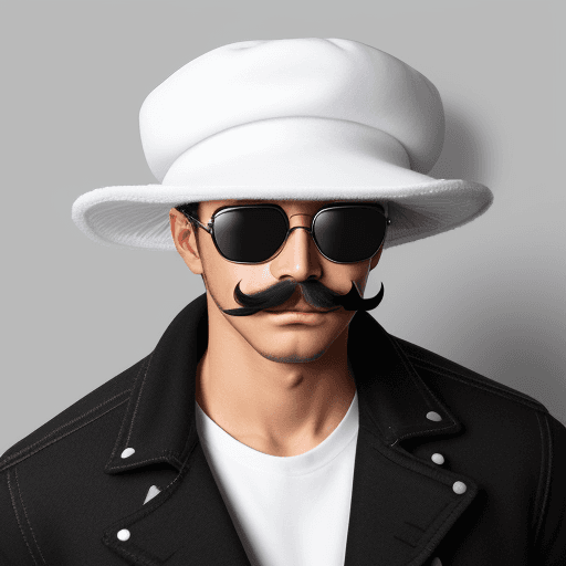 AI generated: black moustache, white colour hat  , cool jacket , glasses on eyes 