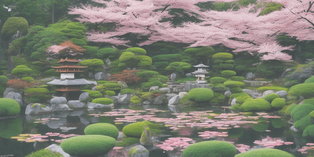 AI generated: A tranquil Japanese garden during spring, with cherry blossoms in full bloom, illustrated in colored...