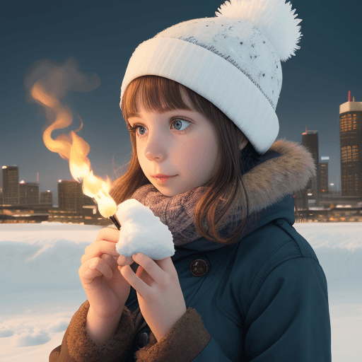 AI generated: girl holding match snow city
