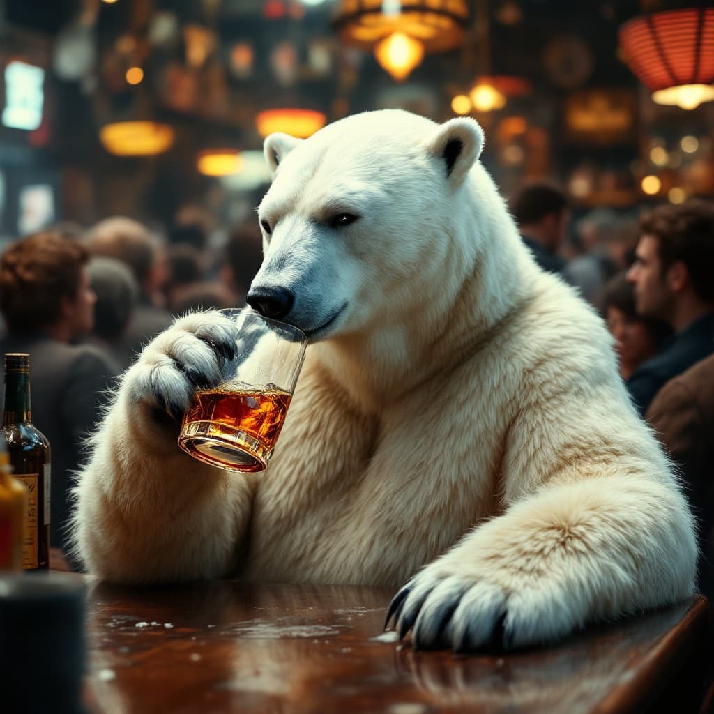 AI generated: full body shot of a polar bear drinking a scotch in a overcrowded bar, background full of people. pu...