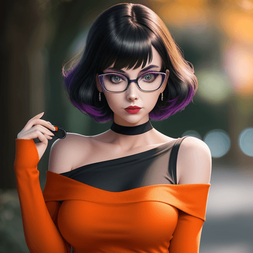 AI generated: 
professional portrait, goth girl, velma from scooby-doo, a girl wearing eye glasses and an orange t...