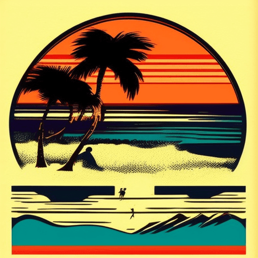 AI generated: retro screen print graphic of a 1920’s cartoon beach . Vintage t-shirt graphic. Work and weathered. ...