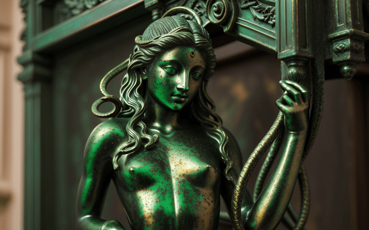 AI generated: one,barocco,interior statue andromeda ,hair snakes,decorative bronze,( green patina:1.4), interior d...