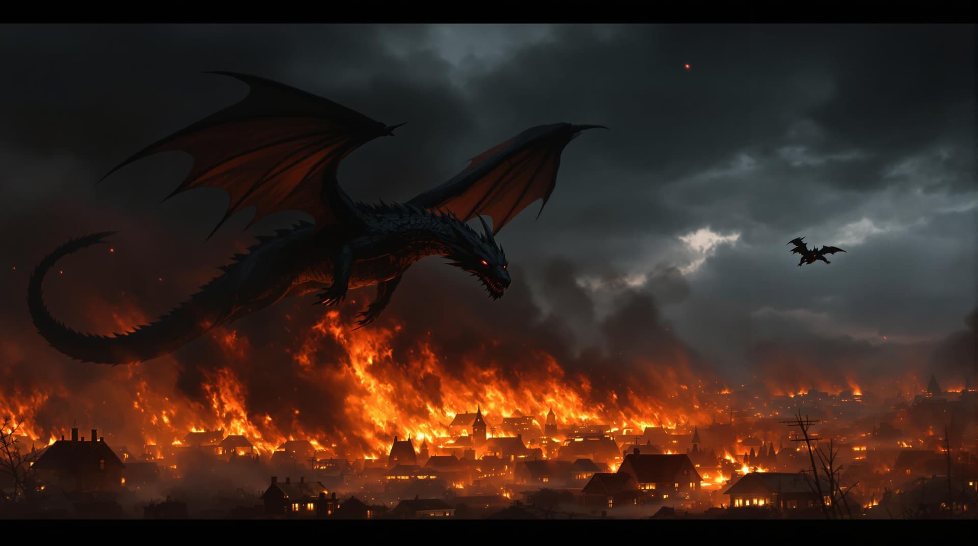 AI generated: The image depicts a dramatic and intense scene of a village in flames, with a large black dragon fly...