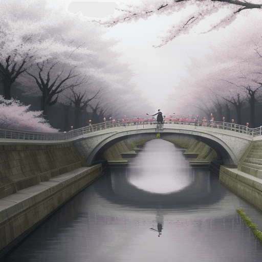 AI generated: two people walk the bridge under a large cherry blossom, in the style of atmospheric paintings, gray...