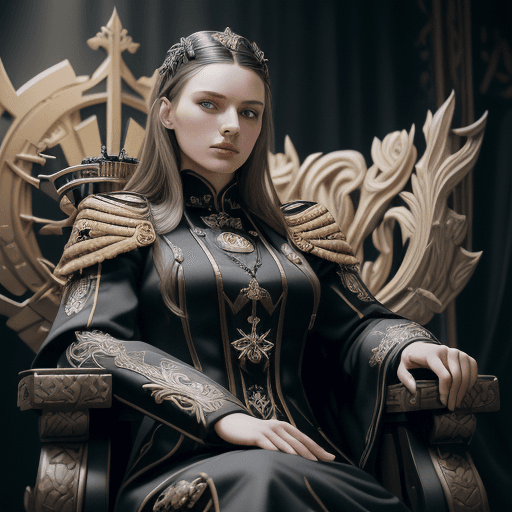AI generated: A very beautiful modern Slavic young lady sitting on a black ministry armchair with symbols of power...
