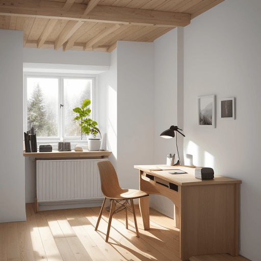 AI generated: A cozy Scandinavian home office, natural oak desk, ambient lighting from a floor-to-ceiling window, ...