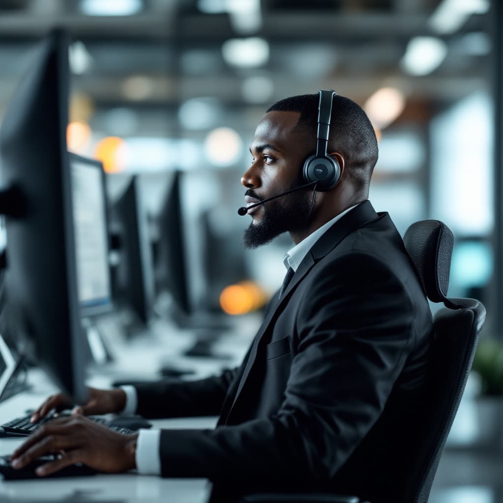 AI generated: a black man wearing a black suit looking behind with a headsets in call center while sitting on a ch...