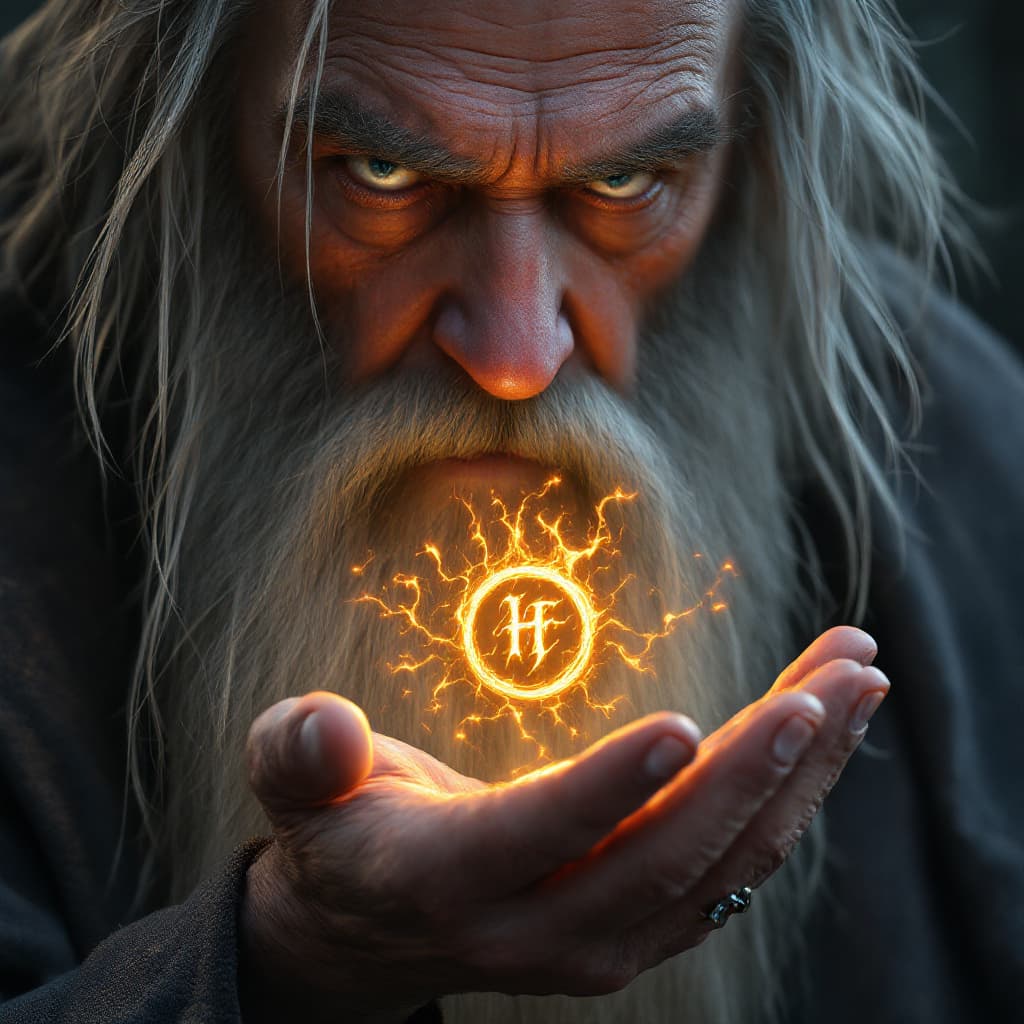 AI generated: A hyperrealistic close-up, half-figure portrait of Gandalf the Grey, his intense gaze focused downwa...