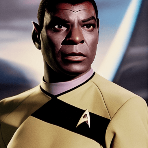 AI generated: A dark skinned Vulcan in the Star Trek tradition wearing Star Trek uniform