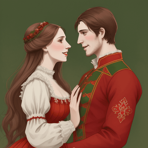 AI generated: young and happy husband and wife Peter and Fevronia in Russian traditional costumes, in red tones, c...