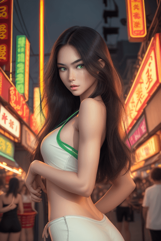 AI generated: realistic close portrait of very beautiful girl, a young supermodel girl, asian market backgroud, sh...