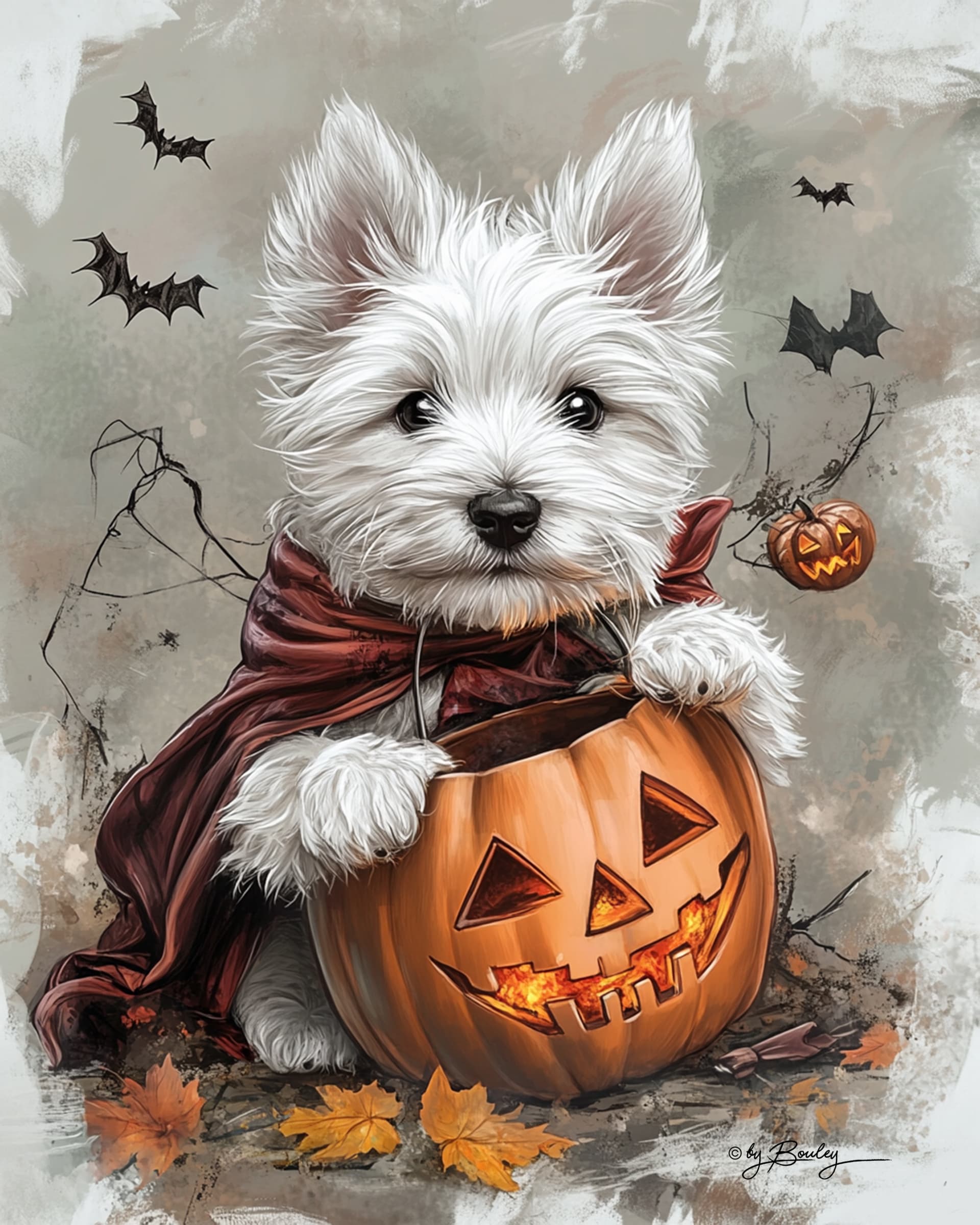 AI generated: cute west highland white terrier puppy dressed up for Halloween, digital drawing, 1980s inspired, cu...