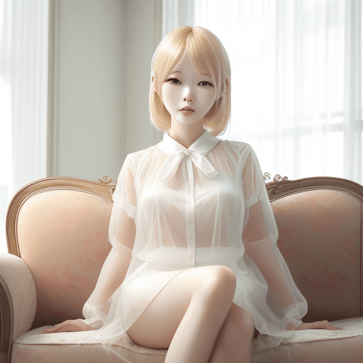 AI generated: beautiful blonde woman wearing white sitting on a couch, in the style of oshare kei, nostalgic charm...