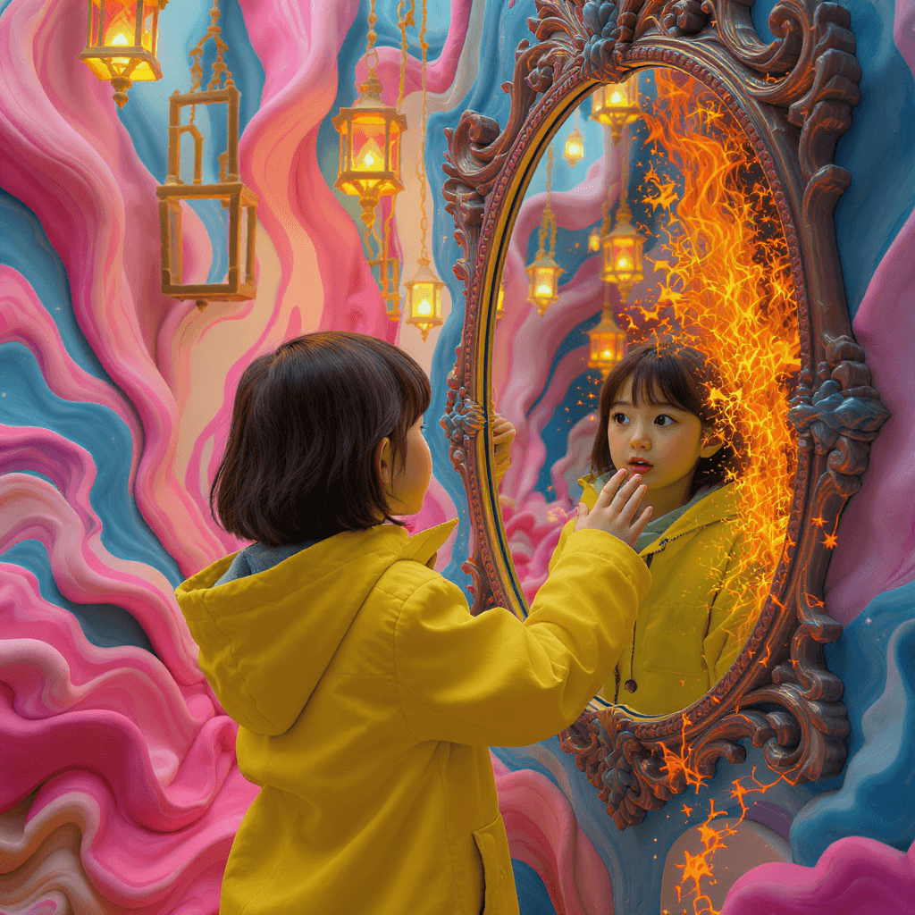 AI generated: A young girl, short brown hair, Asian, in a bright yellow coat gazes at her reflection in an ornate ...