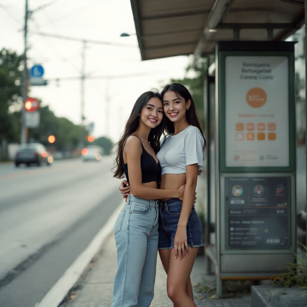 AI generated: Fulll body view two beautiful indonesian women wearing a cropped top and short jeans, barefoot, big ...
