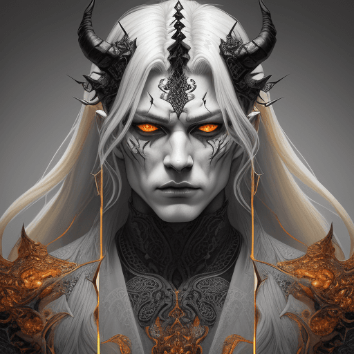 AI generated: the face of a men dressed in demon attire, in the style of light gray and light gold, vibrant illust...