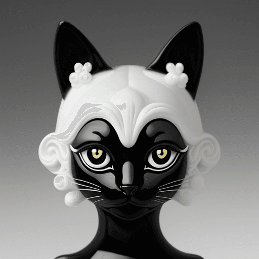 AI generated: a black cat made out of porcelain, in the style of balanced symmetry, white and black, detailed faci...