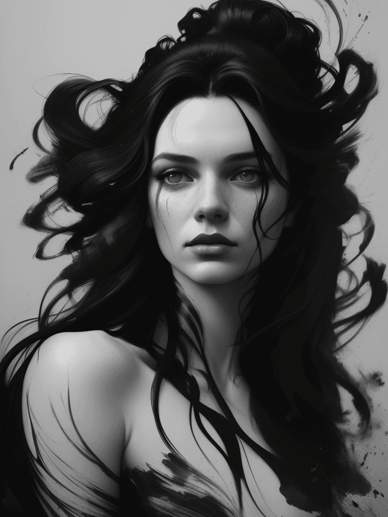 AI generated: art print of a woman with long black hair, in the style of messy, martin ansin, olivier valsecchi, b...