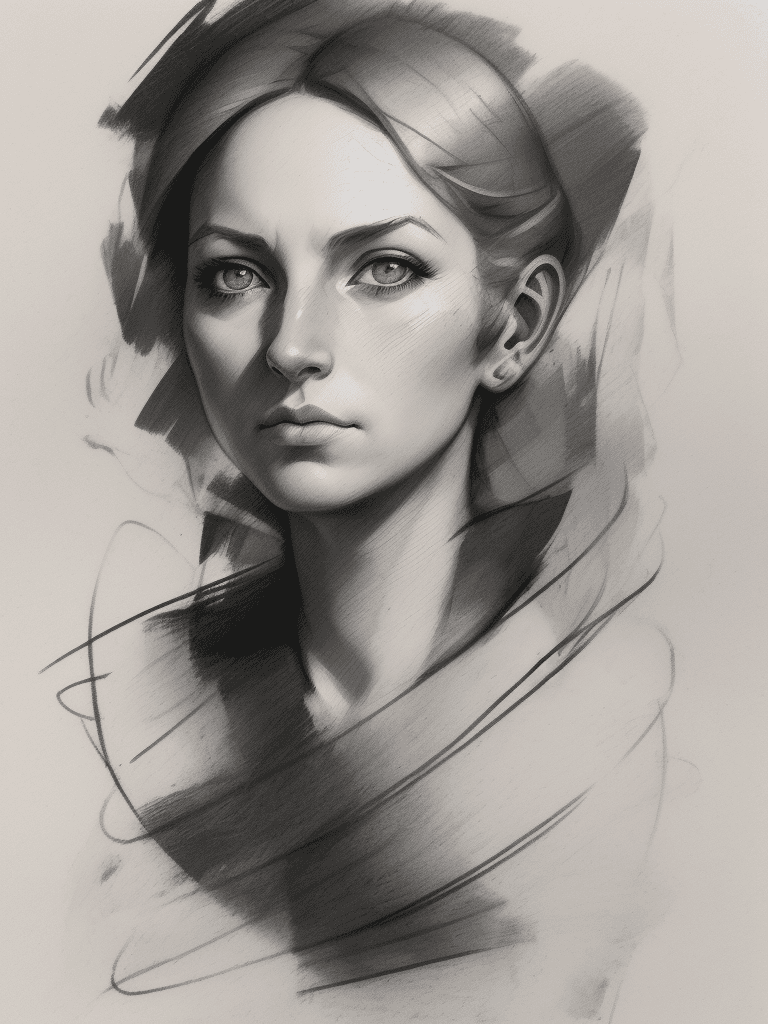 AI generated: Rough charcoal sketch on old paper, female portrait, (((Skylar Vox))), Pronounced ears, clean line a...