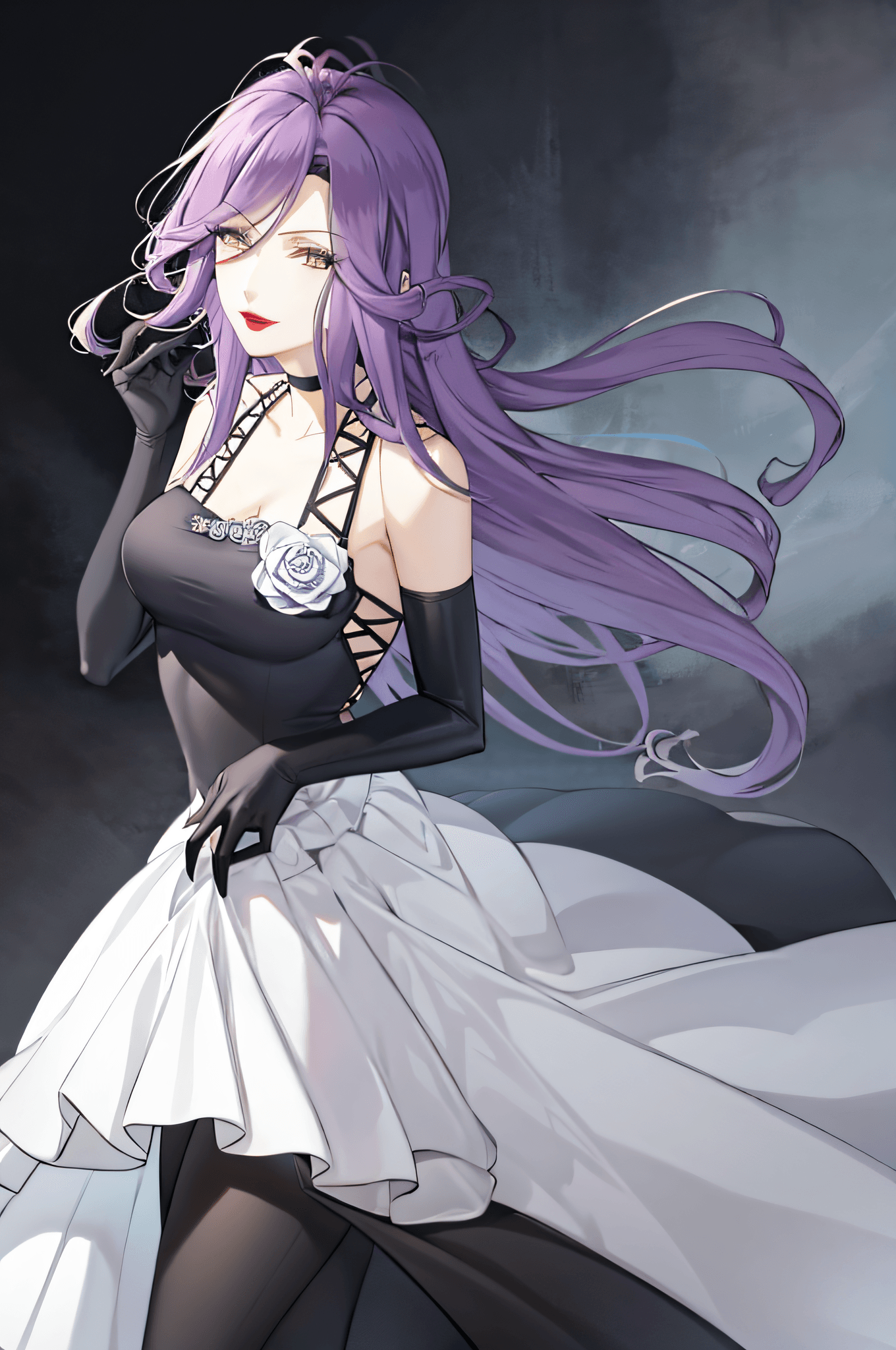 AI generated: masterpiece, best quality, CordeliaSKV4, 1girl, solo, collarbone, flower, choker, rose, black dress,...