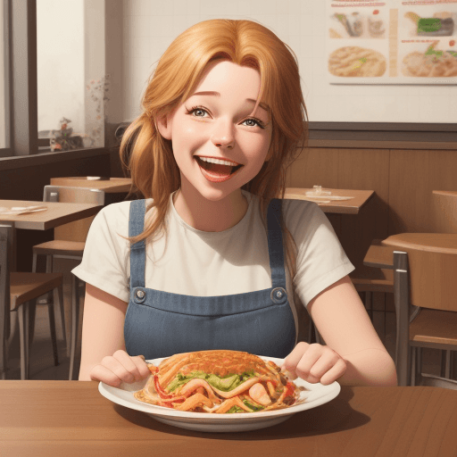 AI generated: unrealistic animated image of a happy girl waiting for a meal at a table to eat at a table
