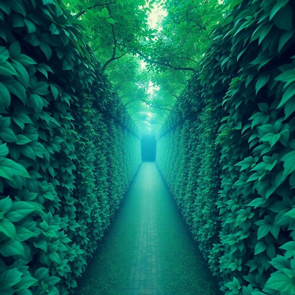 AI generated: water color feel, image of a straight infinite tunnel of dense greeneries, no details, fractals, sym...