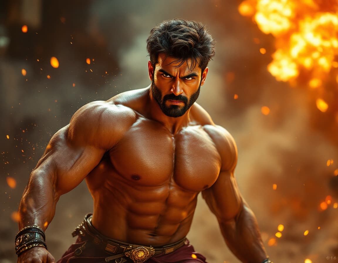 AI generated: Imagine a dynamic Bollywood action scene with a muscular, athletic, and light-skinned Indian male pr...
