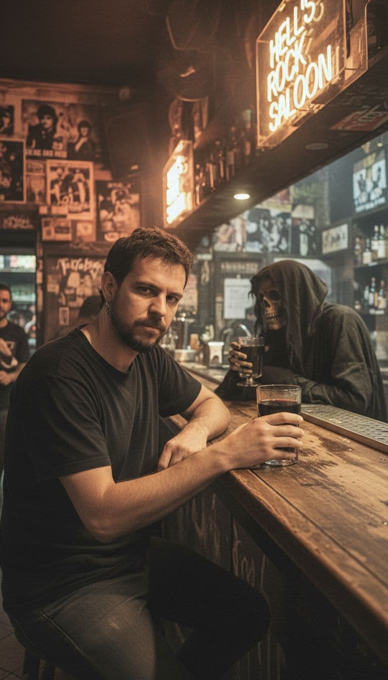 AI generated: Quiero que me des al tipo de las imágenes en un bar de Rock and roll bebiendo con la muerte. Quiero ...
