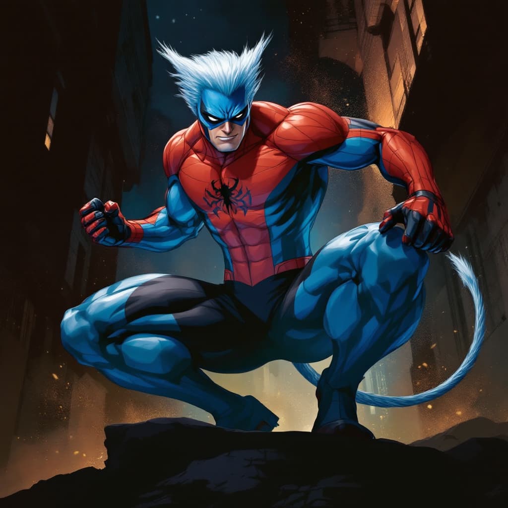 AI generated: Nightcrawler, xmen , animated, blue fur, red and black suit, tail
