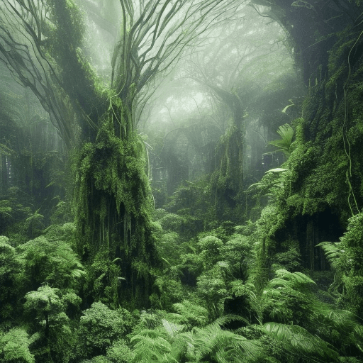 AI generated: a dense, futuristic jungle where towering trees and thick foliage create a labyrinth of greenery,
th...