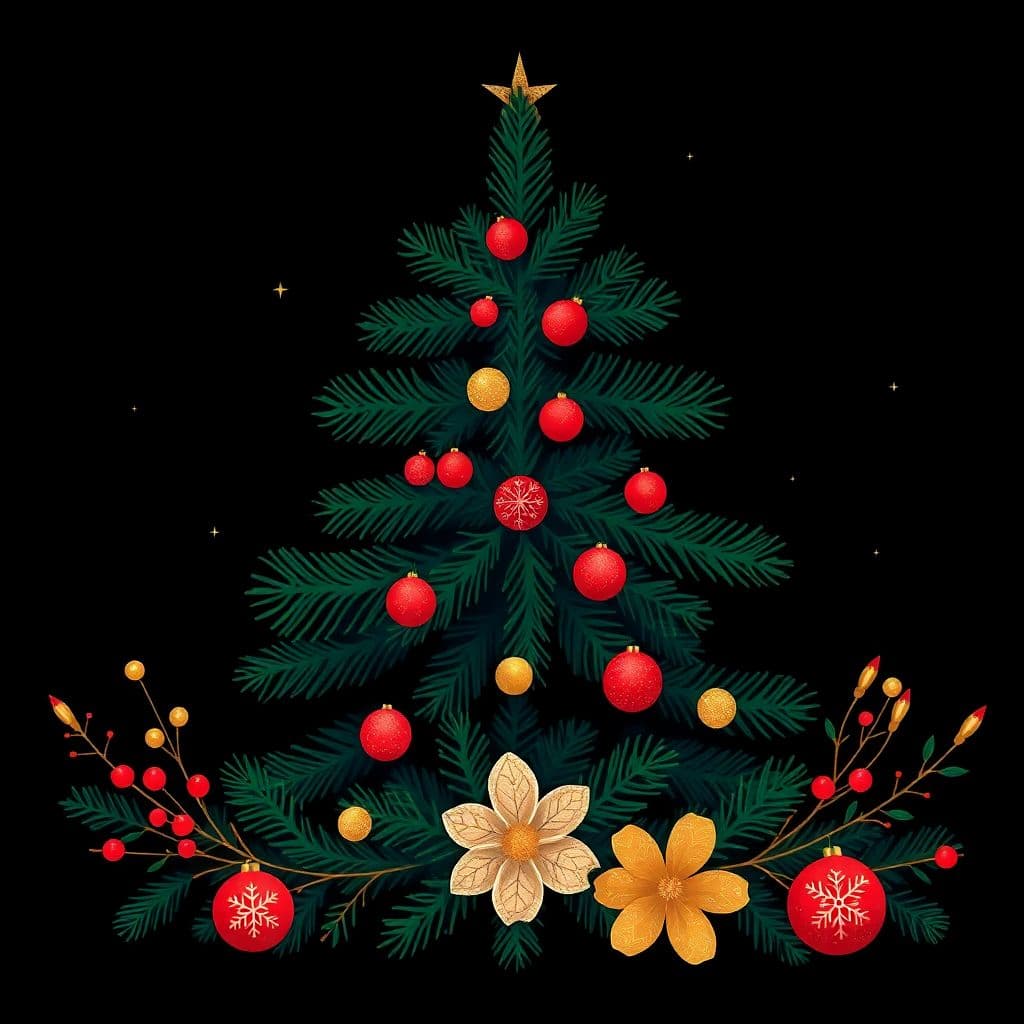 AI generated: illustration, beautiful christmas theme, simplify, pine tree, strar, snow flower, christmas elements...