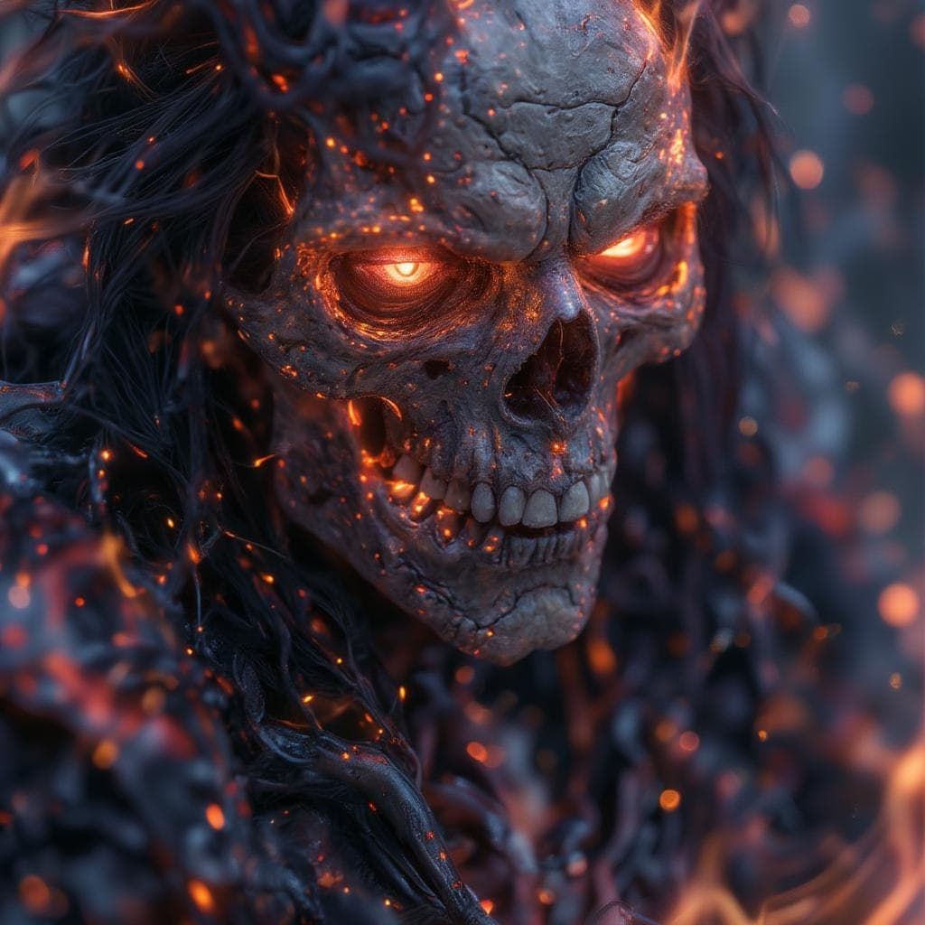 AI generated: a burning demon, skeleton face, brutal composition, gloomy, emotionally profound, horror, intense an...